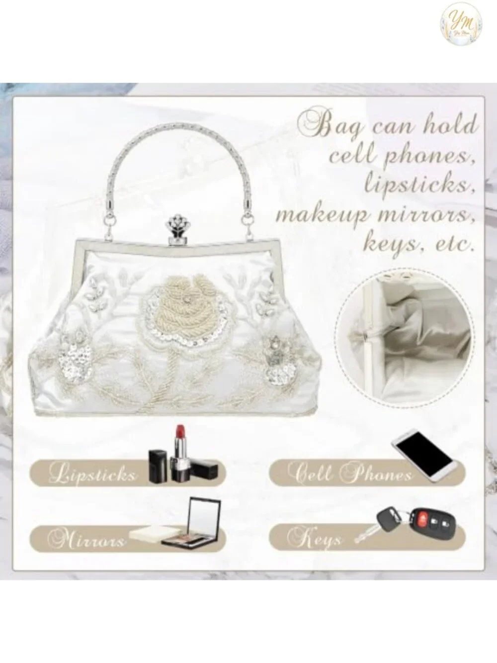 Embroidered Beaded Clutch Evening Bag with Chain